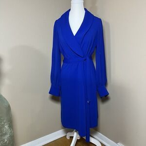 Women's Lapel Royal Blue Sheer Sleeves Knee Length Dress Boss Career Size 8